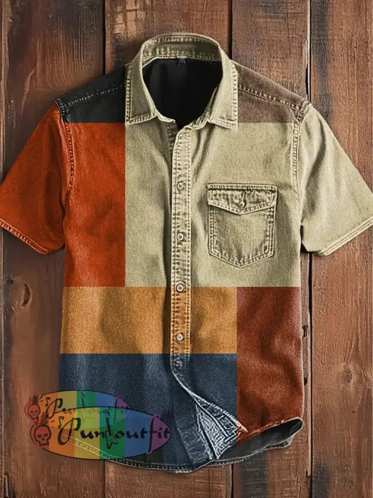 Unisex Men’s Vintage Gothic Colorful Patchwork Art Abstract Print Casual Short Sleeve Pocket Shirt As picture / S