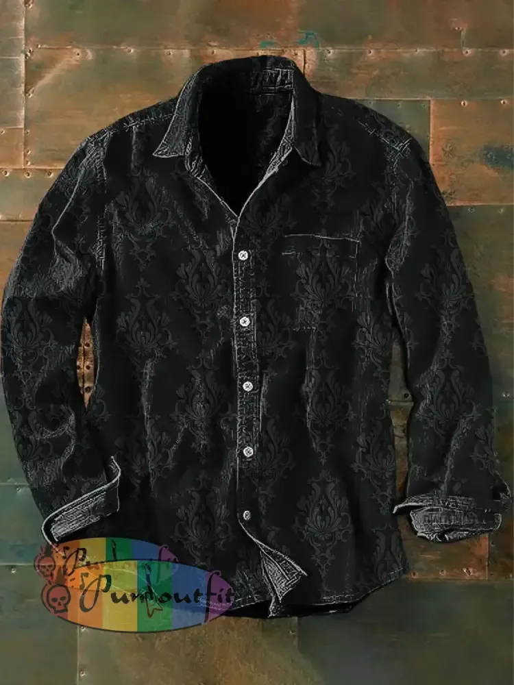 Unisex Men’s Vintage Gothic Floral Abstract Print Casual Long Sleeve Shirt Dark Gray / S