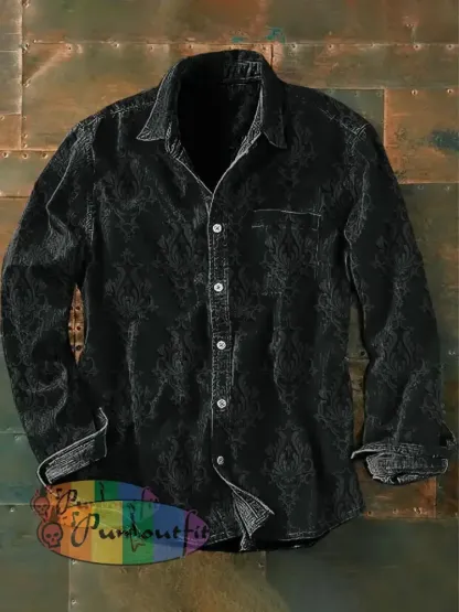 Unisex Men’s Vintage Gothic Floral Abstract Print Casual Long Sleeve Shirt Dark Gray / S