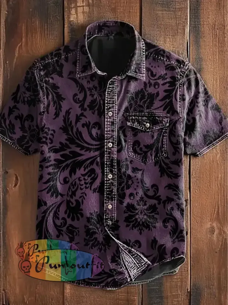 Unisex Men’s Vintage Gothic Floral Patterns Abstract Print Casual Short Sleeve Pocket Shirt Purple / S