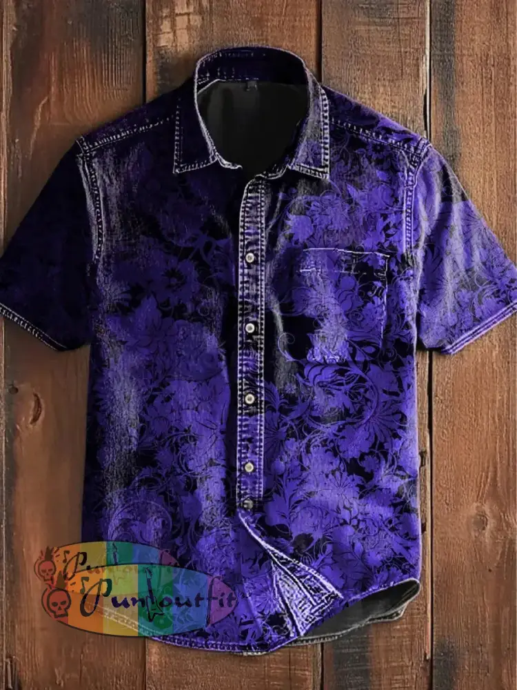 Unisex Men’s Vintage Gothic Gradient Floral Art Abstract Print Casual Cotton Short Sleeve Pocket Shirt Purple / S