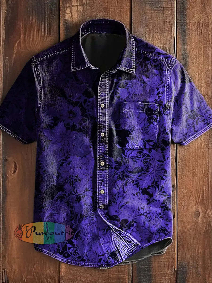 Unisex Men’s Vintage Gothic Gradient Floral Art Abstract Print Casual Cotton Short Sleeve Pocket Shirt Purple / S