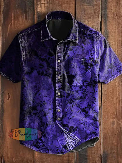Unisex Men’s Vintage Gothic Gradient Floral Art Abstract Print Casual Cotton Short Sleeve Pocket Shirt Purple / S