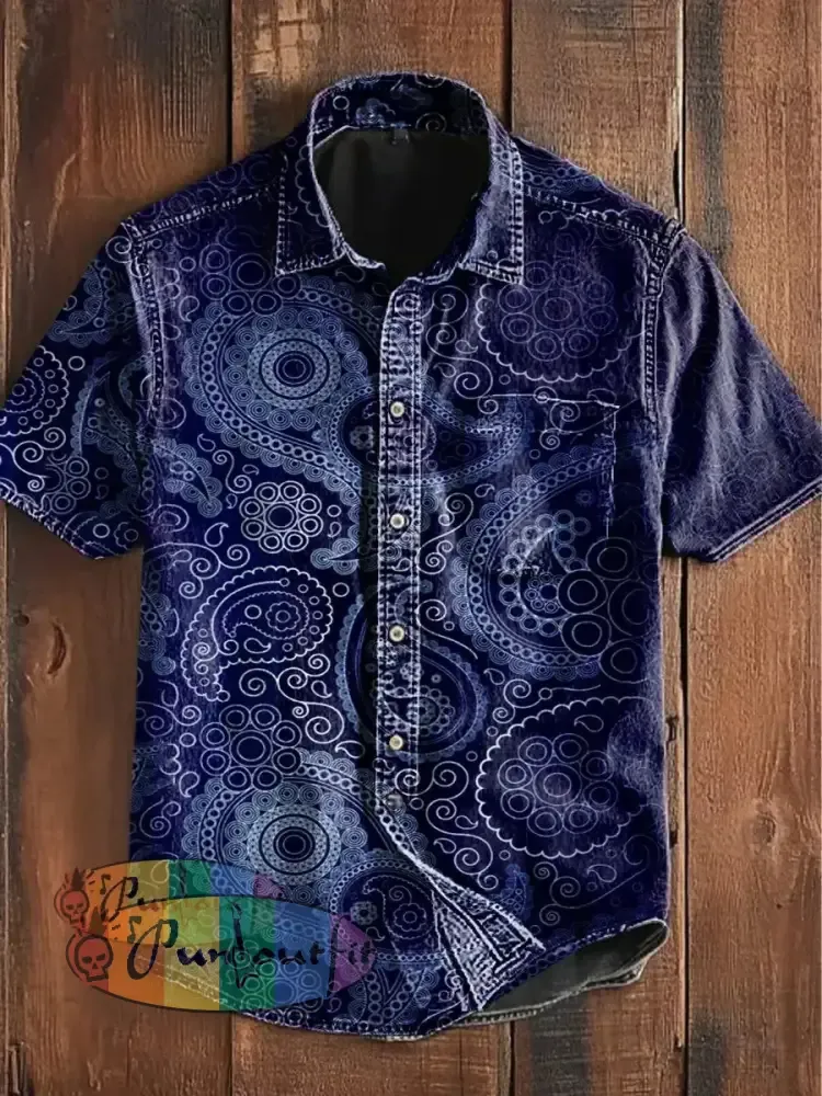 Unisex Men’s Vintage Gothic Hippie Perris Art Abstract Print Casual Cotton Short Sleeve Pocket Shirt Purple / S