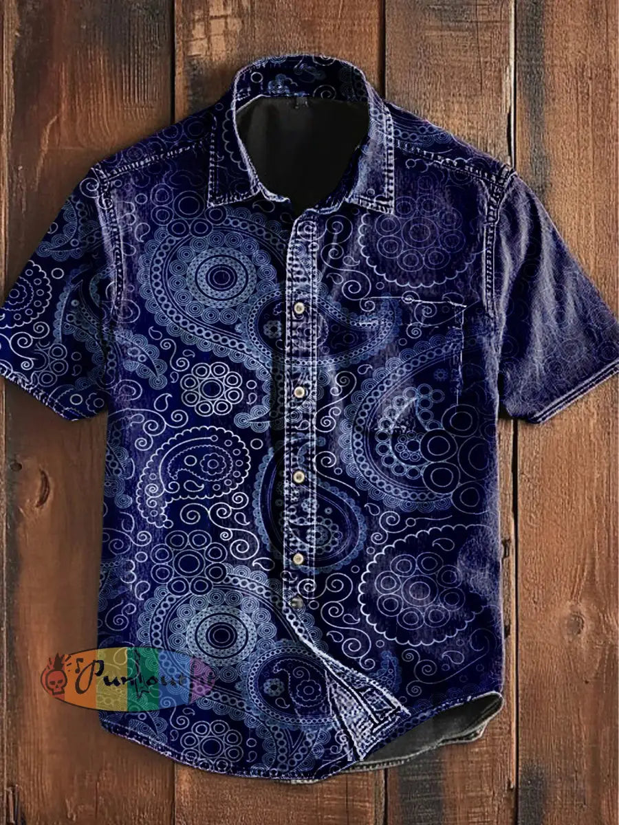 Unisex Men’s Vintage Gothic Hippie Perris Art Abstract Print Casual Cotton Short Sleeve Pocket Shirt Purple / S
