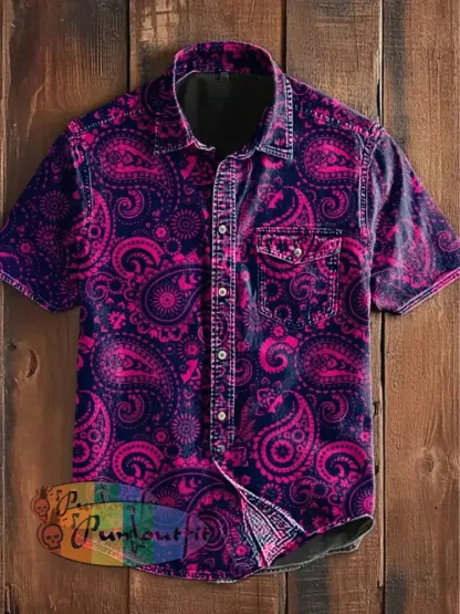 Unisex Men’s Vintage Gothic Hippie Perris Floral Art Abstract Print Casual Short Sleeve Pocket Shirt Purple / S