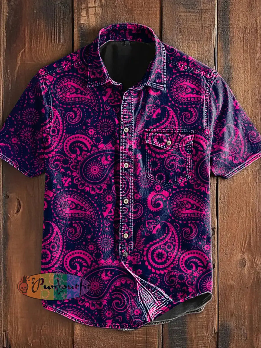 Unisex Men’s Vintage Gothic Hippie Perris Floral Art Abstract Print Casual Short Sleeve Pocket Shirt Purple / S