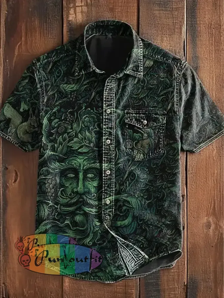 Unisex Men’s Vintage Gothic Holly King Forest Abstract Print Casual Short Sleeve Pocket Shirt Green / S