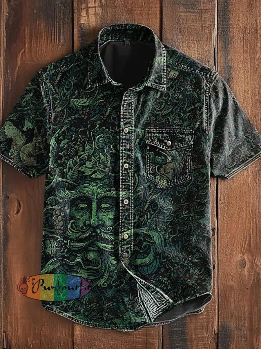 Unisex Men’s Vintage Gothic Holly King Forest Abstract Print Casual Short Sleeve Pocket Shirt Green / S