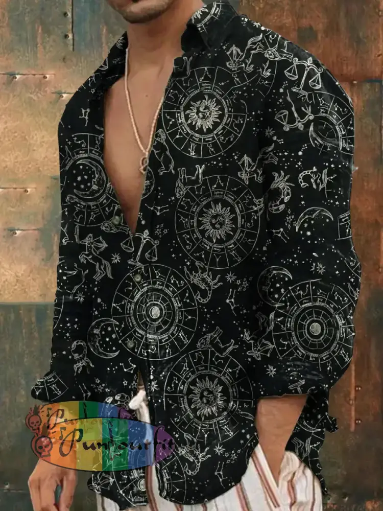 Unisex Men’s Vintage Gothic Libra Constellation Abstract Print Casual Long Sleeve Shirt Black / S