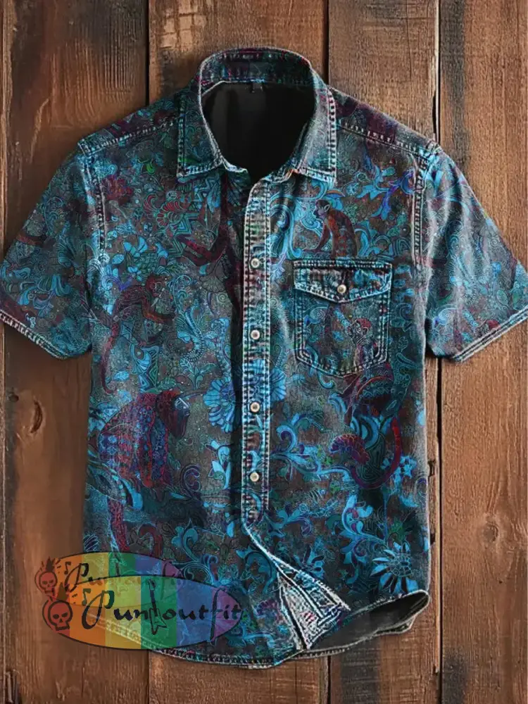 Unisex Men’s Vintage Gothic Monkey Animal Botanical Flower Colorful Art Abstract Print Casual Short Sleeve Pocket Shirt