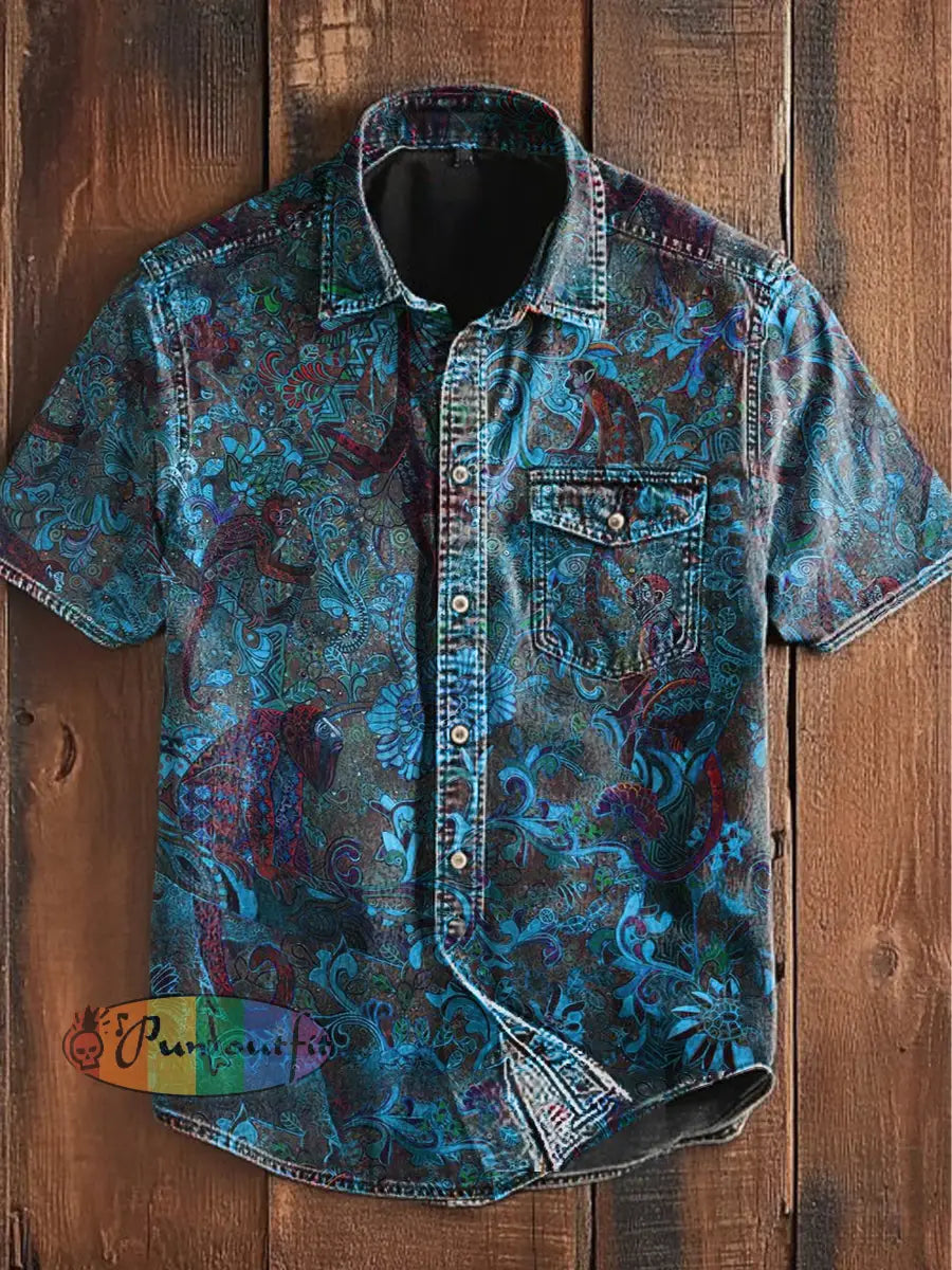 Unisex Men’s Vintage Gothic Monkey Animal Botanical Flower Colorful Art Abstract Print Casual Short Sleeve Pocket Shirt