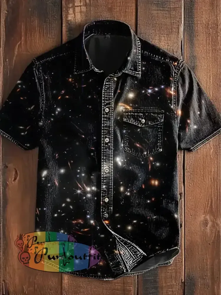 Unisex Men’s Vintage Gothic Party Highlight Sequins Abstract Print Casual Short Sleeve Pocket Shirt Black / S