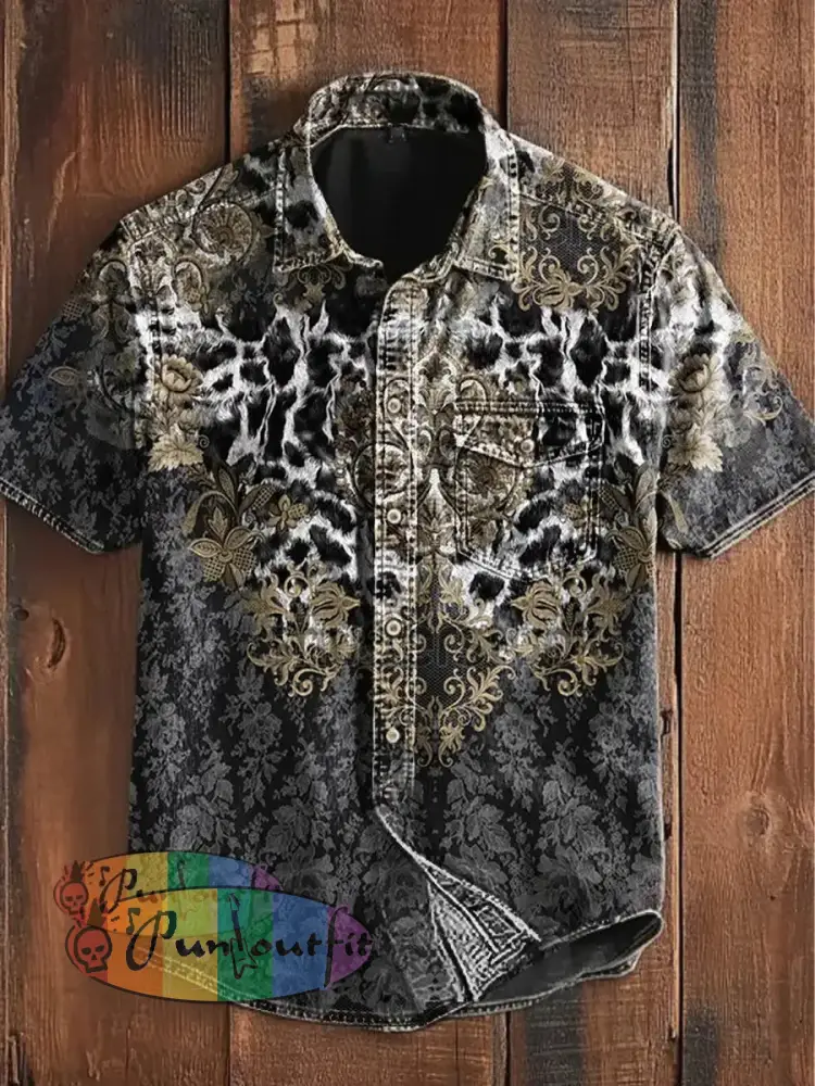 Unisex Men’s Vintage Gothic Punk Leopard Floral Art Abstract Print Casual Short Sleeve Pocket Shirt As picture / S