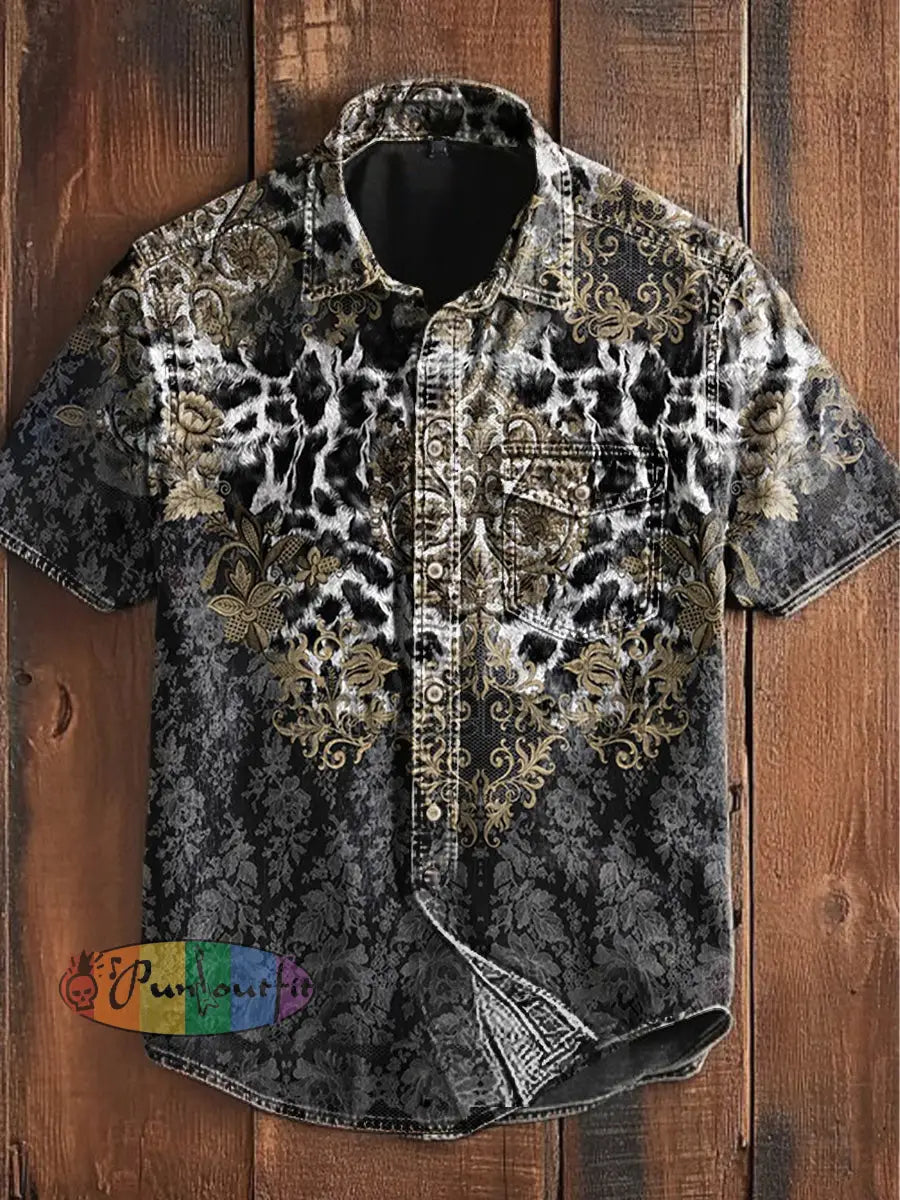 Unisex Men’s Vintage Gothic Punk Leopard Floral Art Abstract Print Casual Short Sleeve Pocket Shirt As picture / S
