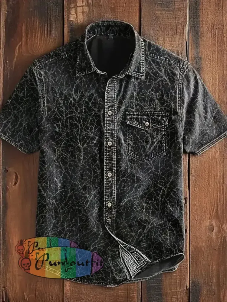 Unisex Men’s Vintage Gothic Punk Twig Art Abstract Print Casual Short Sleeve Pocket Shirt Black / S