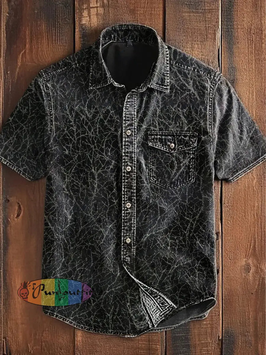 Unisex Men’s Vintage Gothic Punk Twig Art Abstract Print Casual Short Sleeve Pocket Shirt Black / S