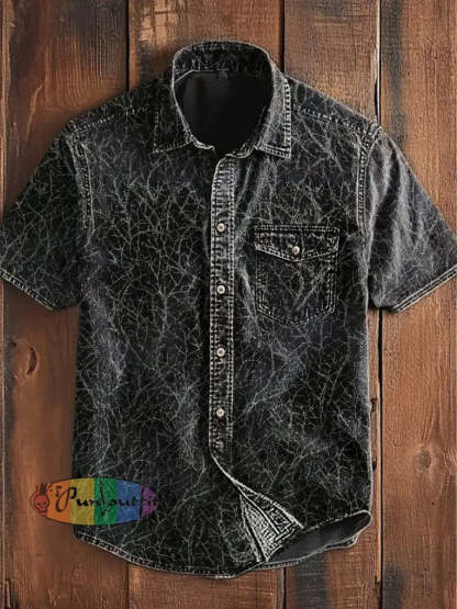 Unisex Men’s Vintage Gothic Punk Twig Art Abstract Print Casual Short Sleeve Pocket Shirt Black / S