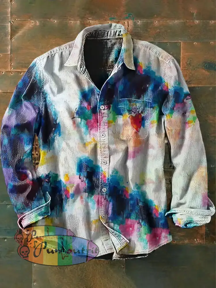 Unisex Men’s Vintage Hippie Colorful Tie Dye Heart Designs Abstract Print Casual Long Sleeve