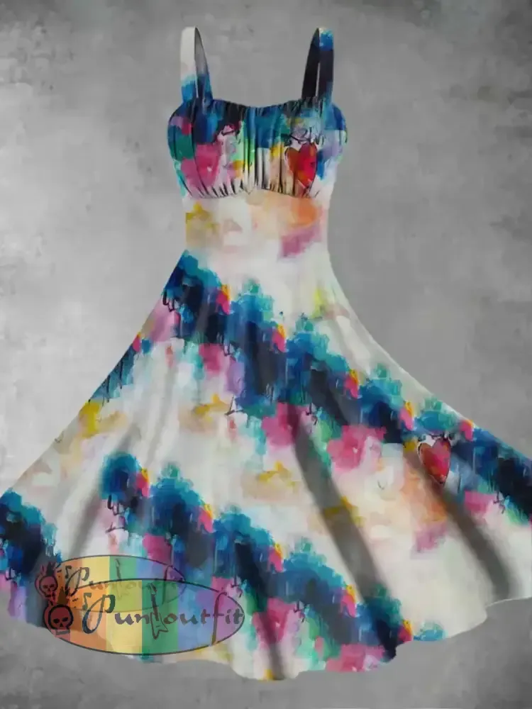 Unisex Men’s Vintage Hippie Colorful Tie Dye Heart Designs Abstract Print Casual Long Sleeve Shirt Dress / S