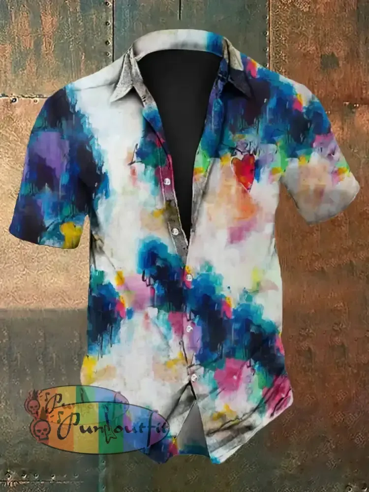 Unisex Men’s Vintage Hippie Colorful Tie Dye Heart Designs Abstract Print Casual Long Sleeve Shirt Short Sleeve Shirt