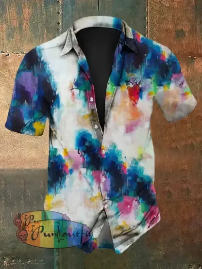Unisex Men’s Vintage Hippie Colorful Tie Dye Heart Designs Abstract Print Casual Long Sleeve Shirt Short Sleeve Shirt