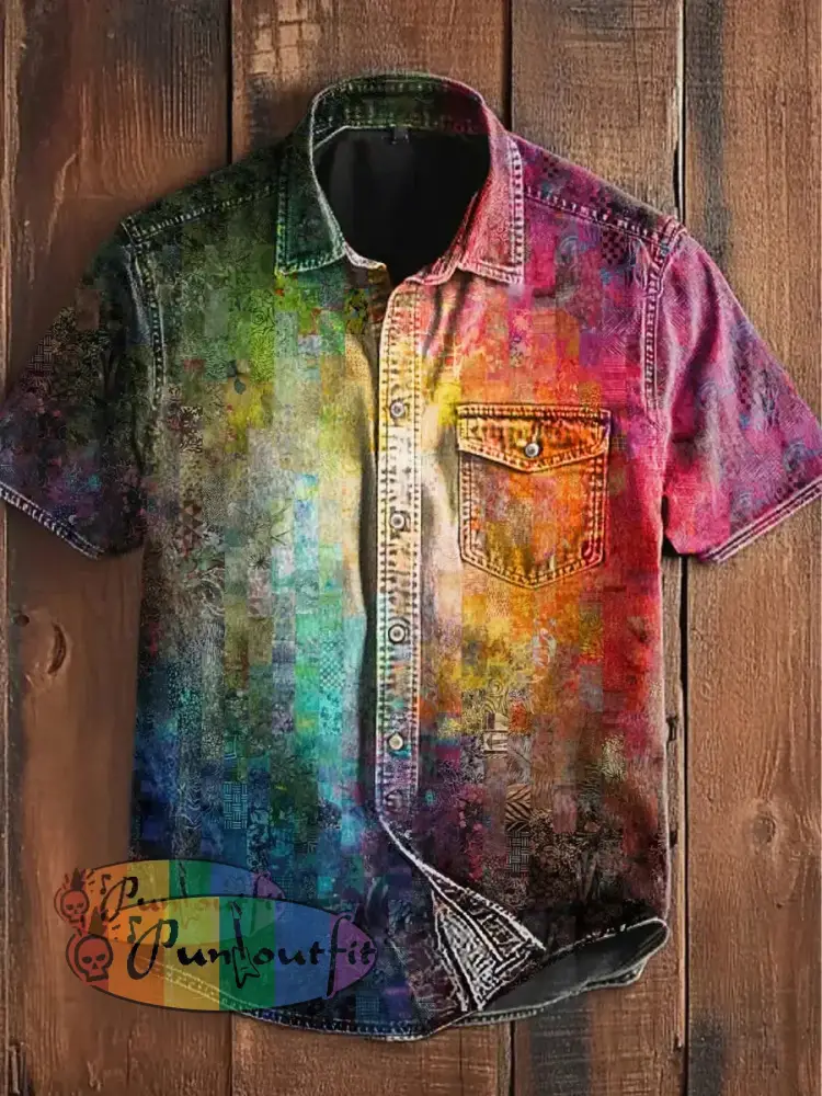 Unisex Men’s Vintage Multi Color Block Gradient Art Abstract Print Casual Short Sleeve Pocket Shirt As picture / S