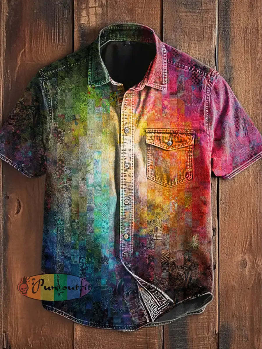 Unisex Men’s Vintage Multi Color Block Gradient Art Abstract Print Casual Short Sleeve Pocket Shirt As picture / S