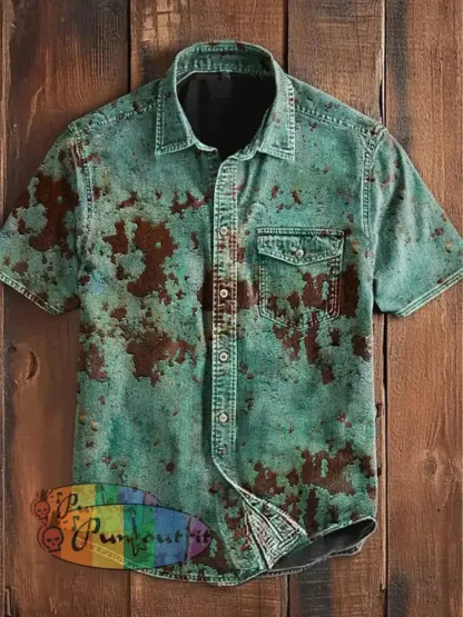 Unisex Men’s Vintage Old Rust Green Scratch Leisure Art Abstract Print Casual Short Sleeve Pocket Shirt Green / S