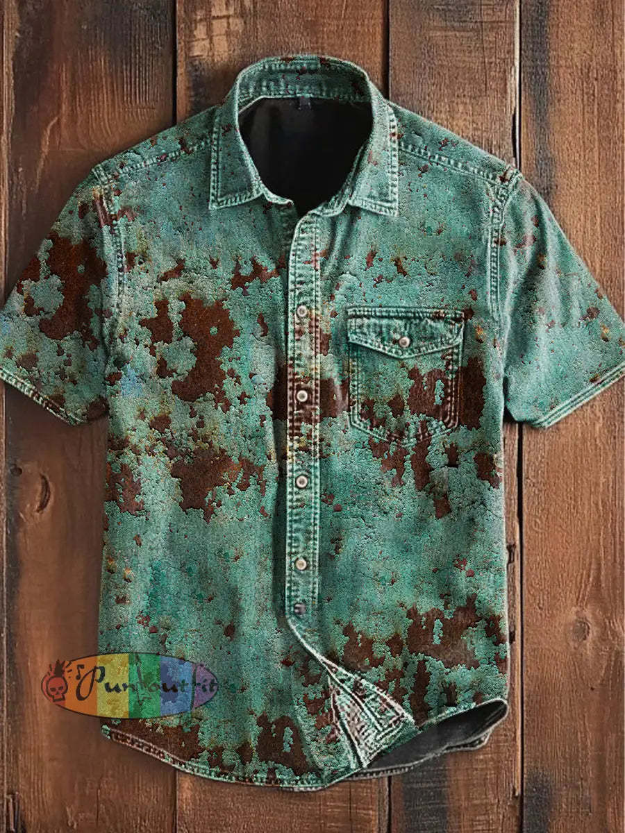 Unisex Men’s Vintage Old Rust Green Scratch Leisure Art Abstract Print Casual Short Sleeve Pocket Shirt Green / S