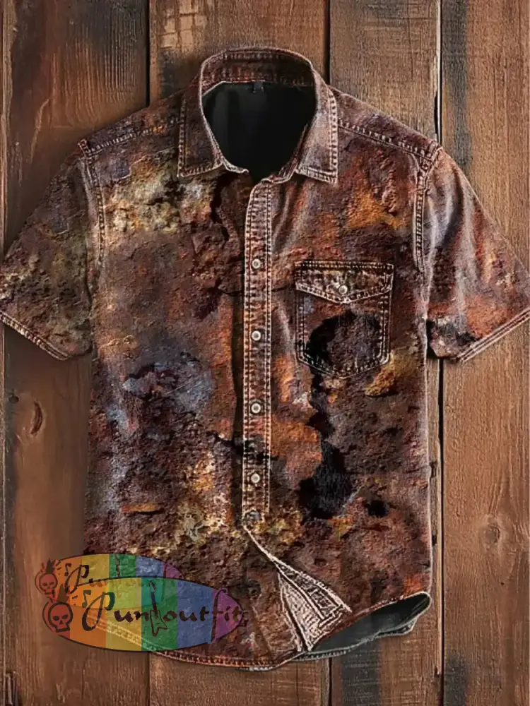 Unisex Men’s Vintage Old Rust Print Leisure Art Abstract Print Casual Short Sleeve Pocket Shirt Brown / S