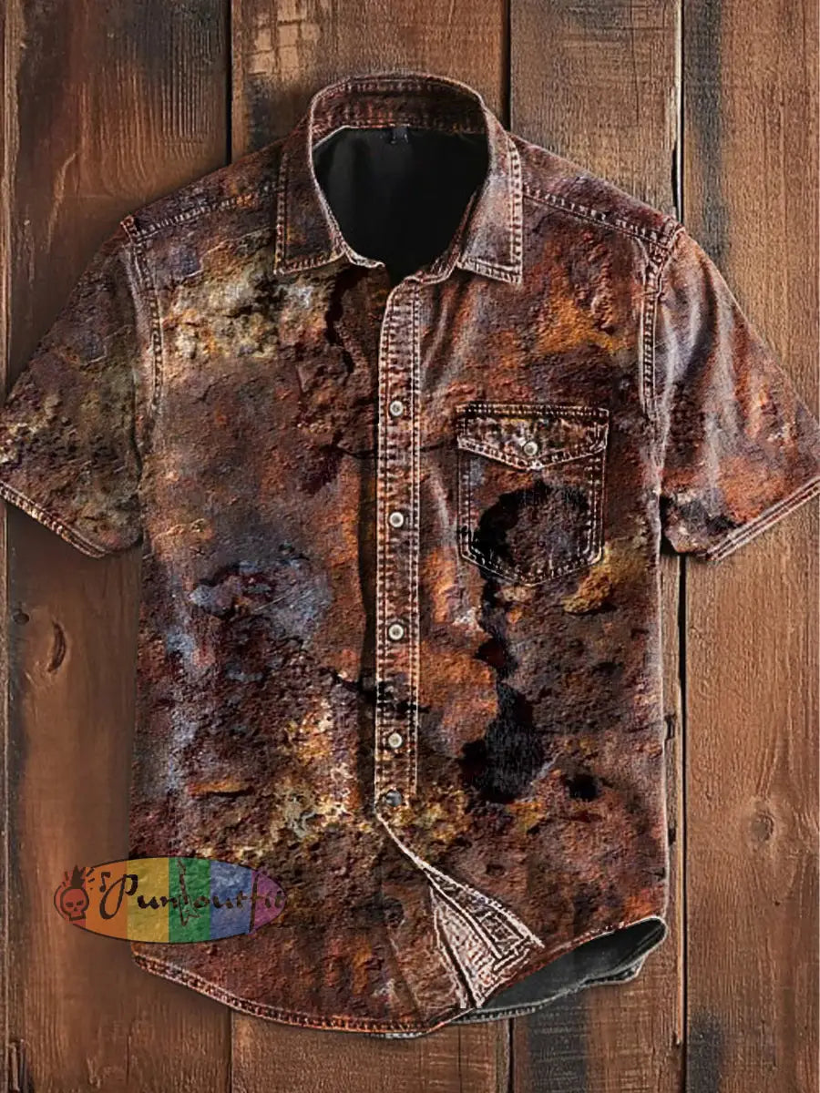Unisex Men’s Vintage Old Rust Print Leisure Art Abstract Print Casual Short Sleeve Pocket Shirt Brown / S