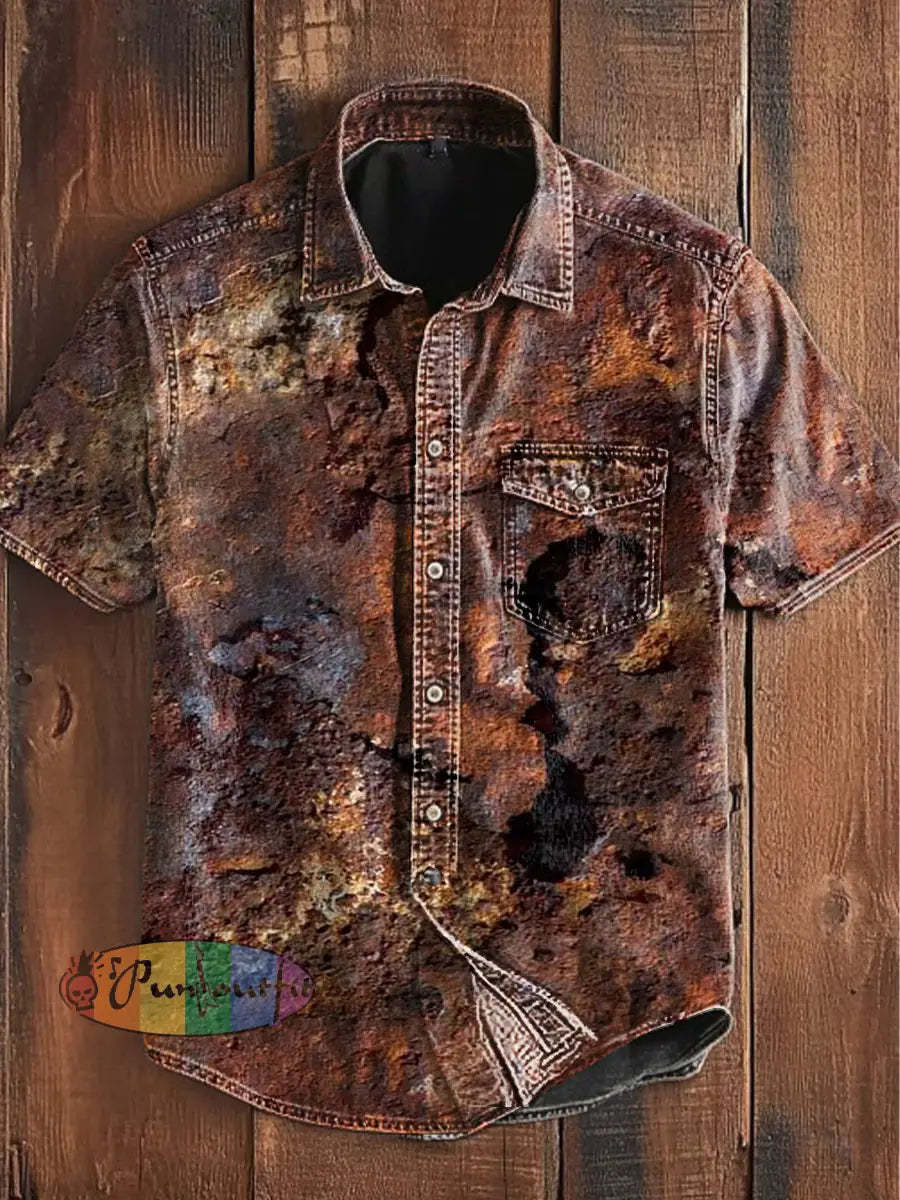 Unisex Men’s Vintage Old Rust Print Leisure Art Abstract Print Casual Short Sleeve Pocket Shirt Brown / S
