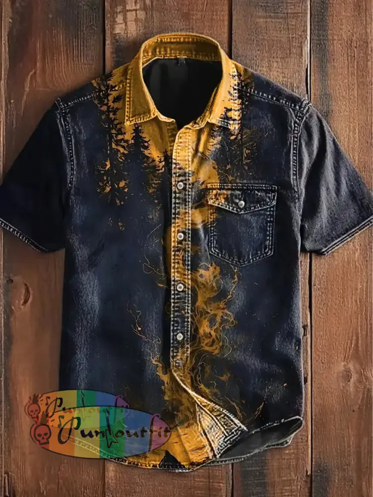 Unisex Men’s Vintage Punk Dark Colorful Grove Gradient Art Abstract Print Casual Short Sleeve Pocket Shirt As picture