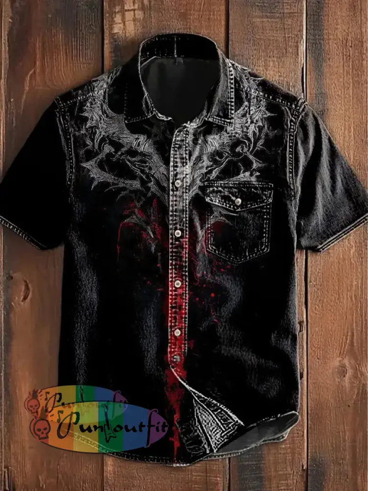 Unisex Men’s Vintage Punk Dark Colorful Sword Art Abstract Print Casual Short Sleeve Pocket Shirt Black / S