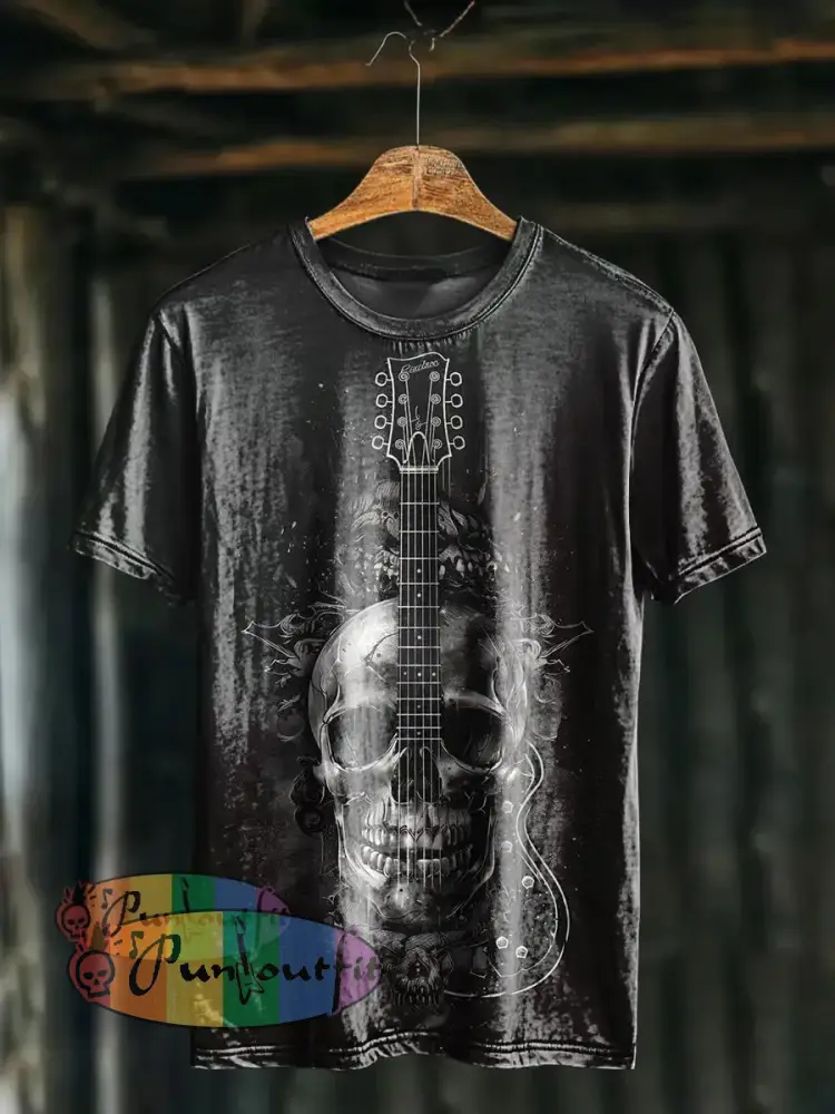 Unisex Men’s Vintage Punk Dark Skull Guitar Art Abstract Print Casual Cotton Short Sleeve T-Shirt Dark Gray / S