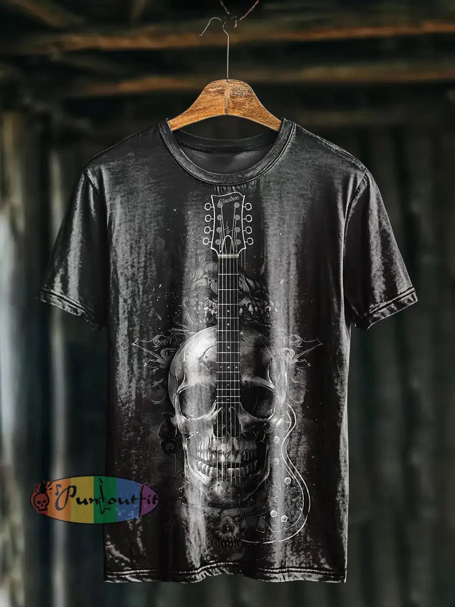 Unisex Men’s Vintage Punk Dark Skull Guitar Art Abstract Print Casual Cotton Short Sleeve T-Shirt Dark Gray / S