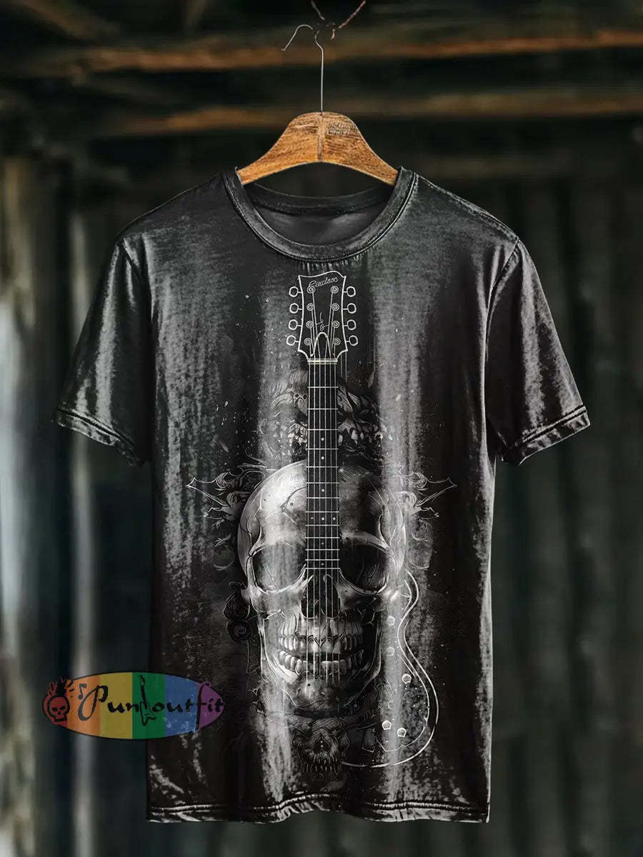 Unisex Men’s Vintage Punk Dark Skull Guitar Art Abstract Print Casual Cotton Short Sleeve T-Shirt Dark Gray / S