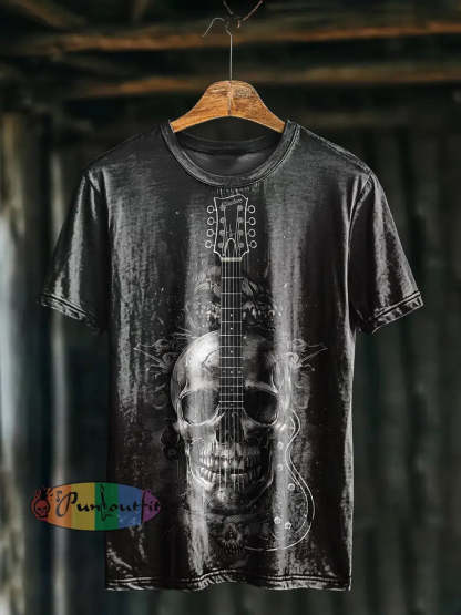 Unisex Men’s Vintage Punk Dark Skull Guitar Art Abstract Print Casual Cotton Short Sleeve T-Shirt Dark Gray / S