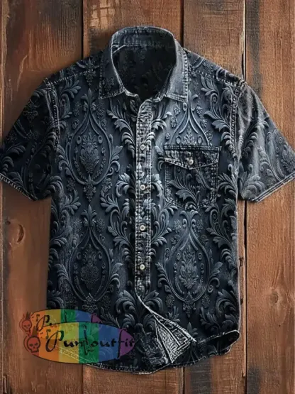 Unisex Men’s Vintage Punk Gothic Floral Gradient Art Abstract Print Casual Short Sleeve Pocket Shirt Blue / S