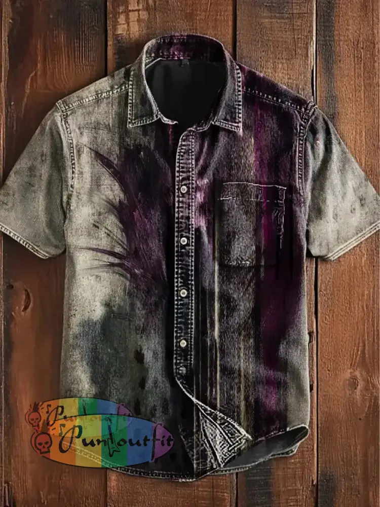 Unisex Men’s Vintage Punk Gothic Floral Patterns Abstract Print Casual Cotton Short Sleeve Pocket Shirt As picture / S