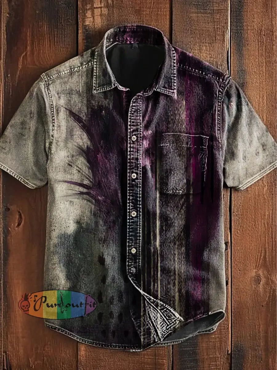 Unisex Men’s Vintage Punk Gothic Floral Patterns Abstract Print Casual Cotton Short Sleeve Pocket Shirt As picture / S