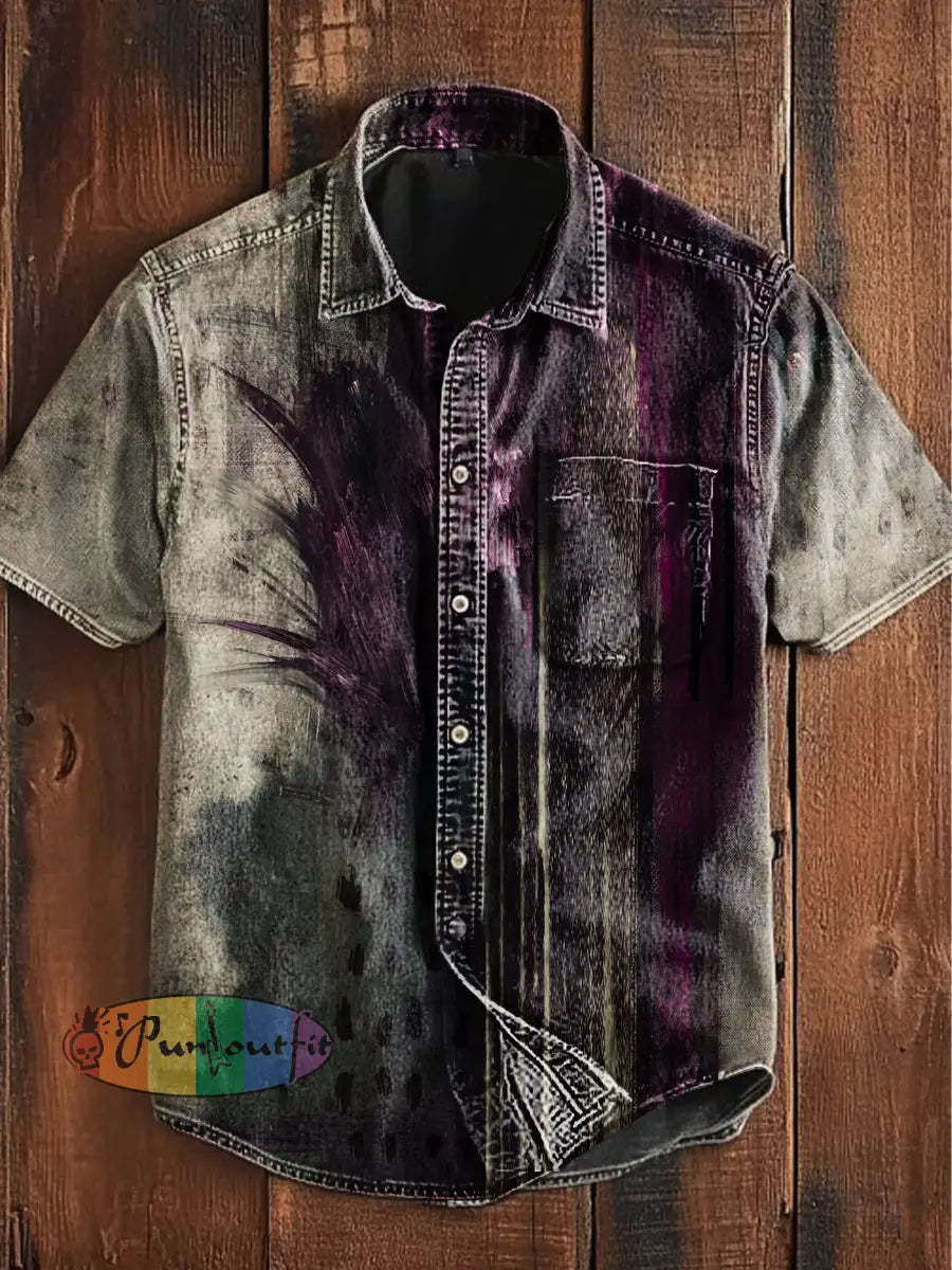 Unisex Men’s Vintage Punk Gothic Floral Patterns Abstract Print Casual Cotton Short Sleeve Pocket Shirt As picture / S