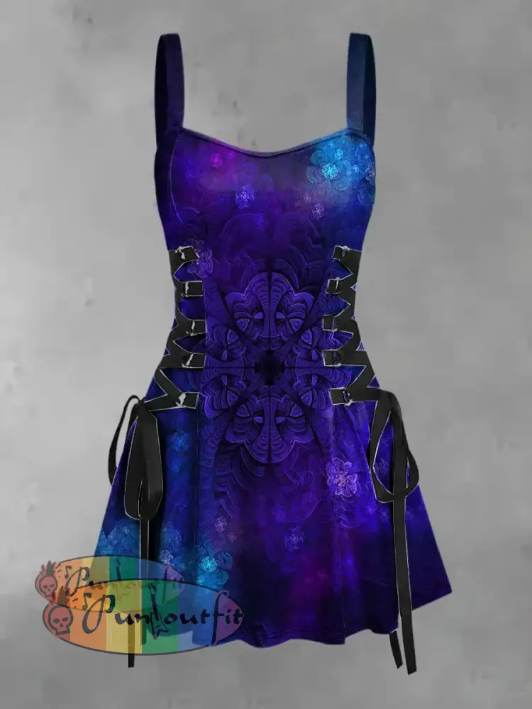 Women’s Vintage Gradient Colorful Mandala Floral Art Print Strappy Sleeveless Strappy Mini Dress Purple / S