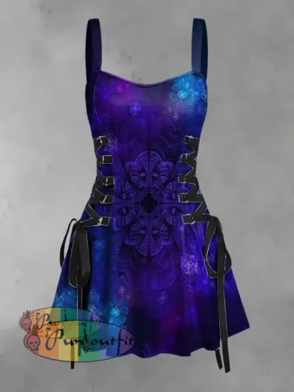 Unisex Men’s Vintage Punk Gothic Gradient Colorful Mandala Abstract Print Casual Cotton Short Sleeve T-Shirt Mini Dress