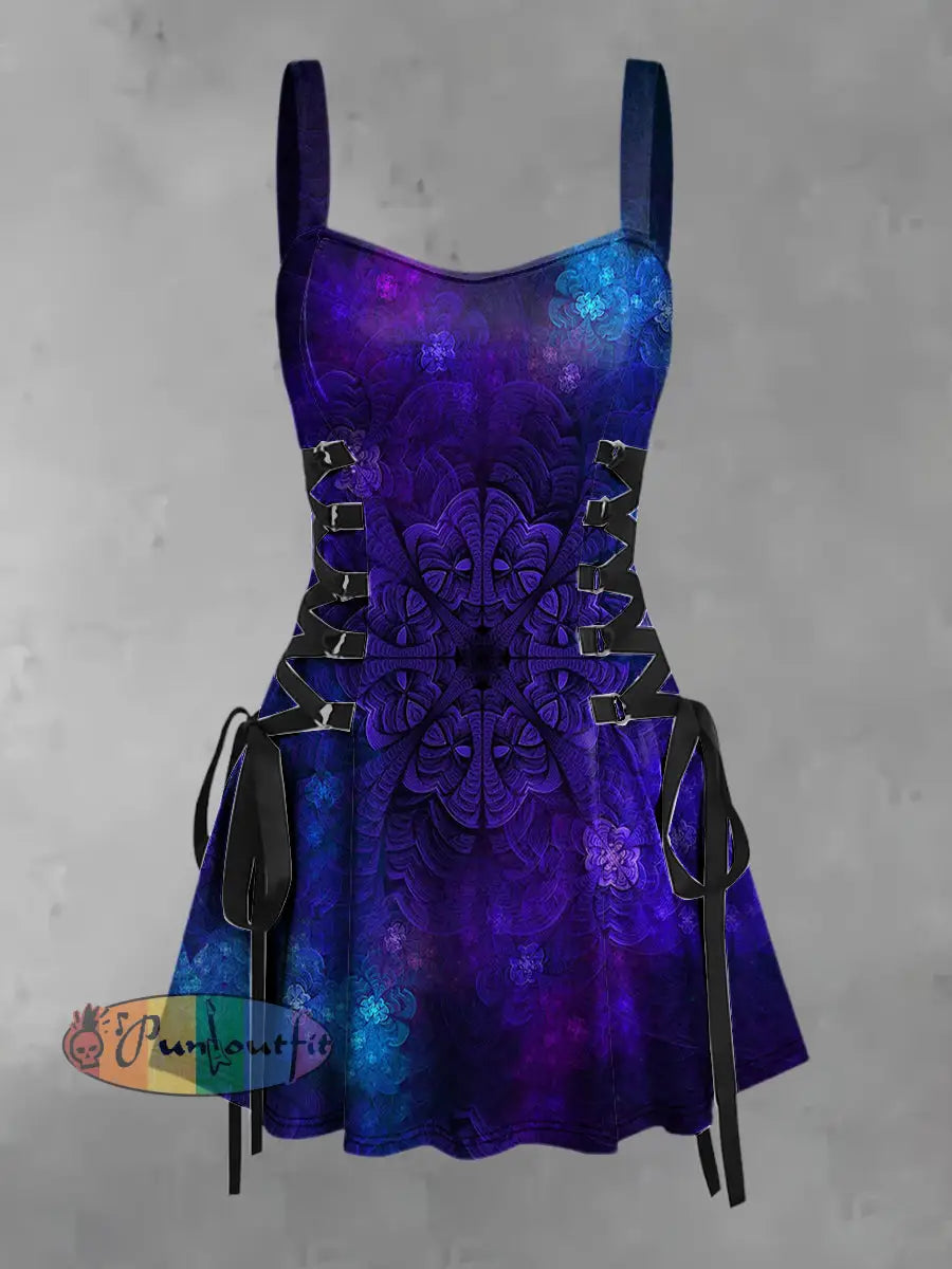Women’s Vintage Gradient Colorful Mandala Floral Art Print Strappy Sleeveless Strappy Mini Dress Purple / S