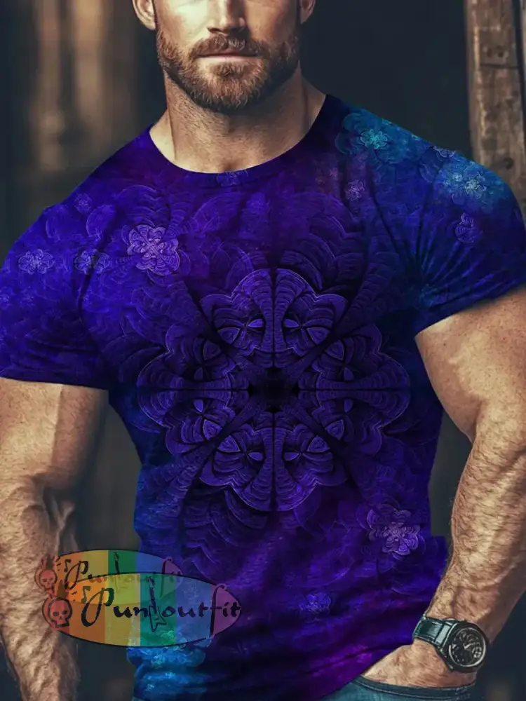 Unisex Men’s Vintage Punk Gothic Gradient Colorful Mandala Abstract Print Casual Cotton Short Sleeve T-Shirt Purple / S