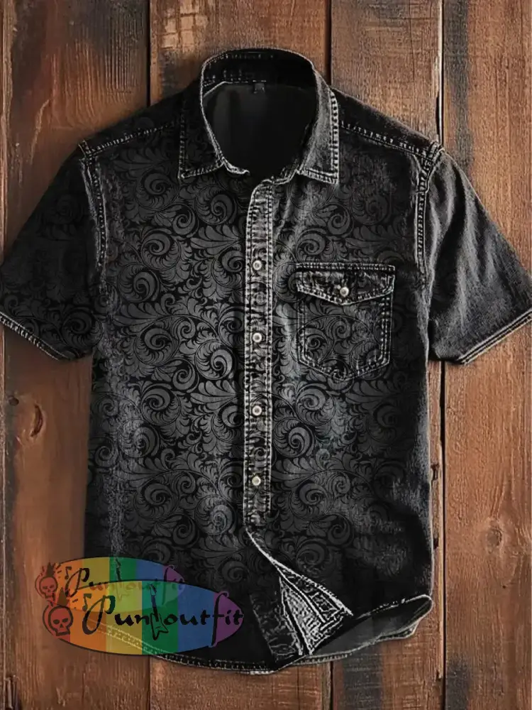 Unisex Men’s Vintage Punk Gothic Gradient Swirl Patterns Abstract Print Casual Short Sleeve Pocket Shirt Black / S