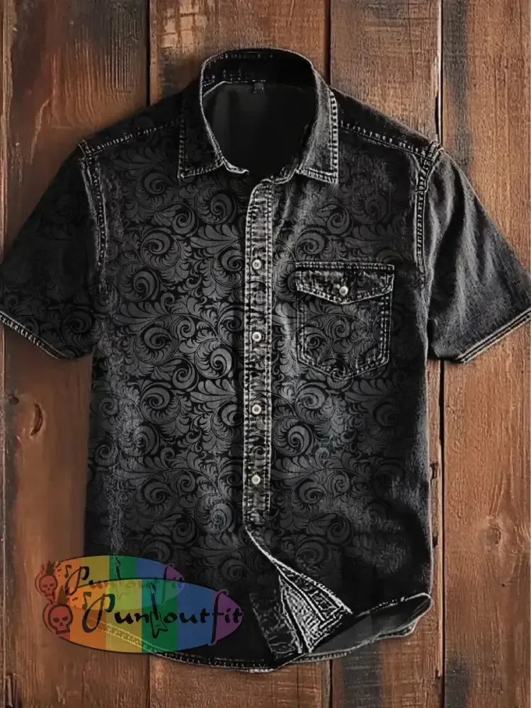 Unisex Men’s Vintage Punk Gothic Gradient Swirl Patterns Abstract Print Casual Short Sleeve Pocket Shirt Black / S