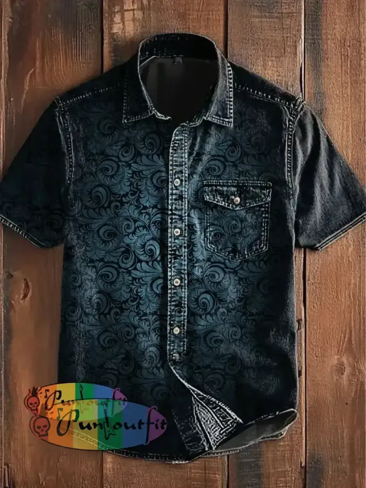 Unisex Men’s Vintage Punk Gothic Gradient Swirl Patterns Abstract Print Casual Short Sleeve Pocket Shirt Short Sleeve